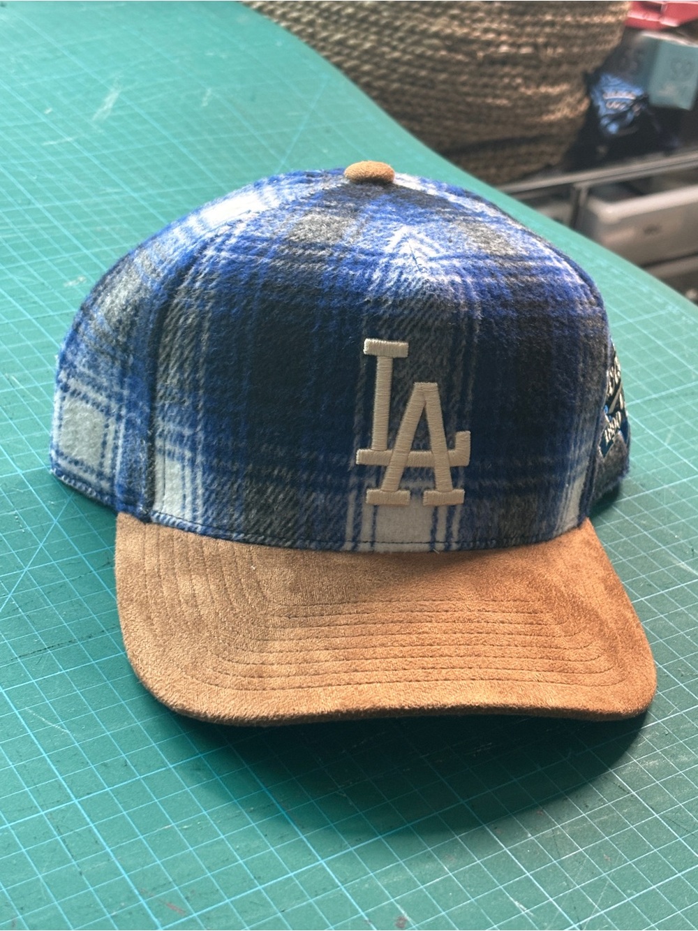 Mitchell & Ness Blue Plaid LA Cap with Tan Suede Brim